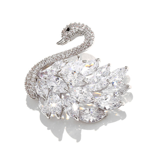 Godestar Silver Swan Clear Crystal Brooch