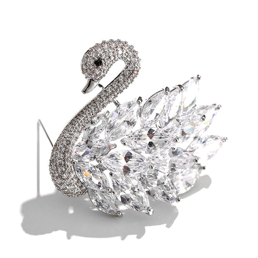 Godestar Silver Swan Clear Crystal Brooch