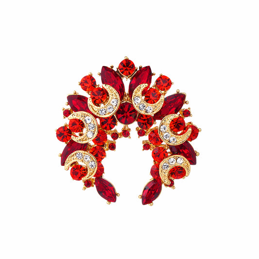 Half Moon Flower Brooch Pin Red Crystal Rhinestone