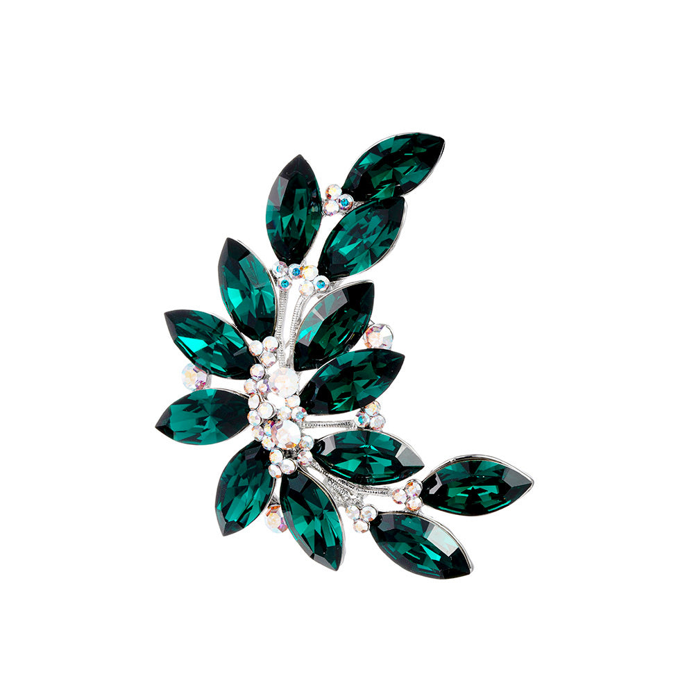 Women's Stunning Green Crystal Leaf Shape Flower Brooch