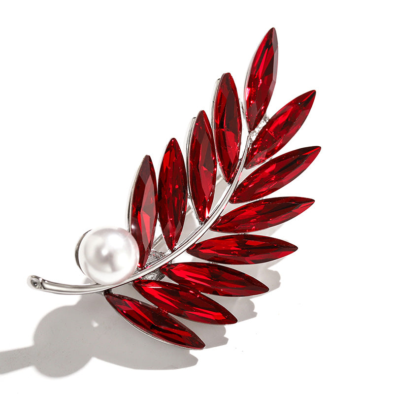 Godestar Red Cubic Zirconia Pearl Ladies Leaf Brooch Jewelry