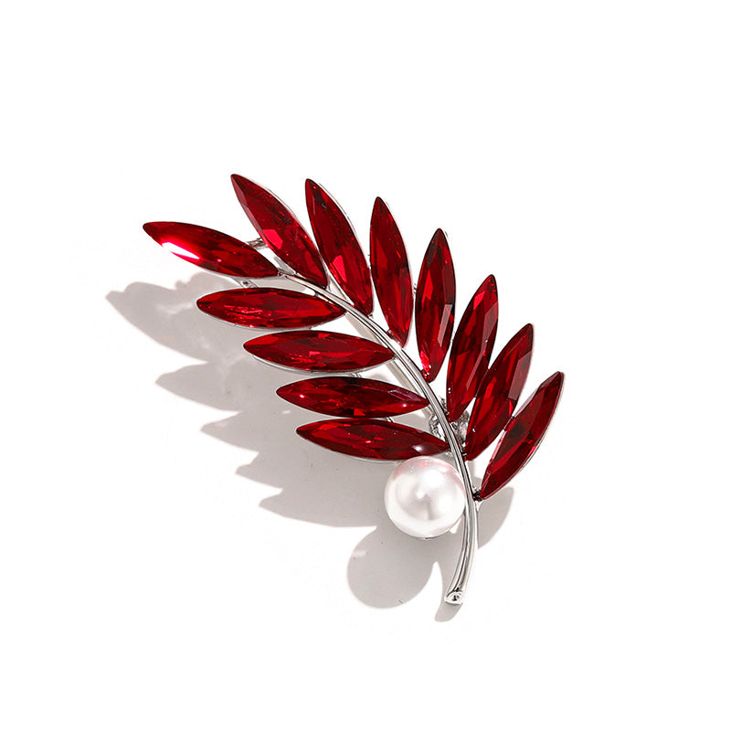 Godestar Red Cubic Zirconia Pearl Ladies Leaf Brooch Jewelry