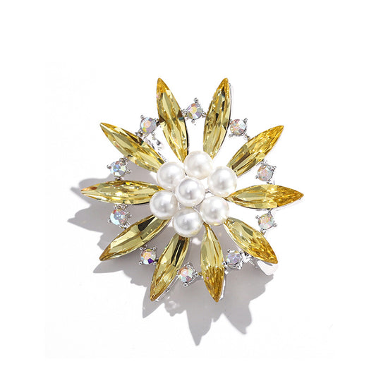 Golden Crystal Pearl Brooch Floral Pin