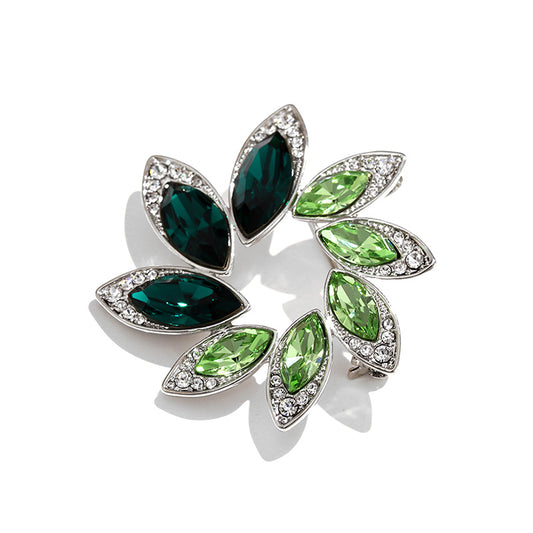 Godestar Delicate Green Crystal Leaf Wreath Brooch