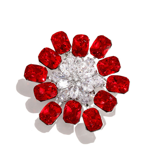 Godestar Red Geometric Cubic Zirconia Flower Brooch