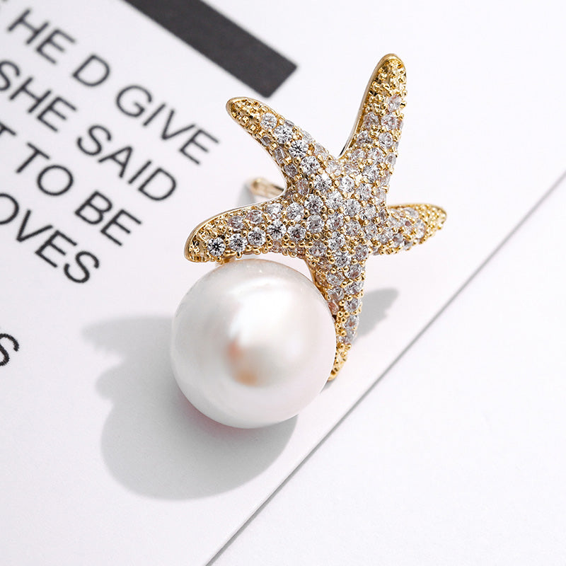 Godestar White Pearl Starfish Brooch Silk Scarf Pin