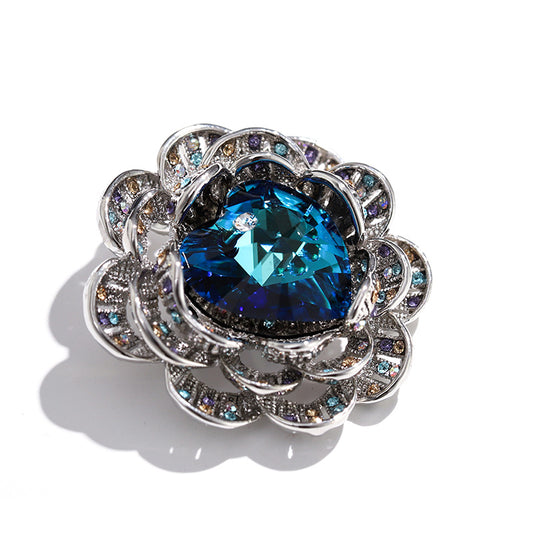 Godestar Elegant Blue Crystal Rose Brooch