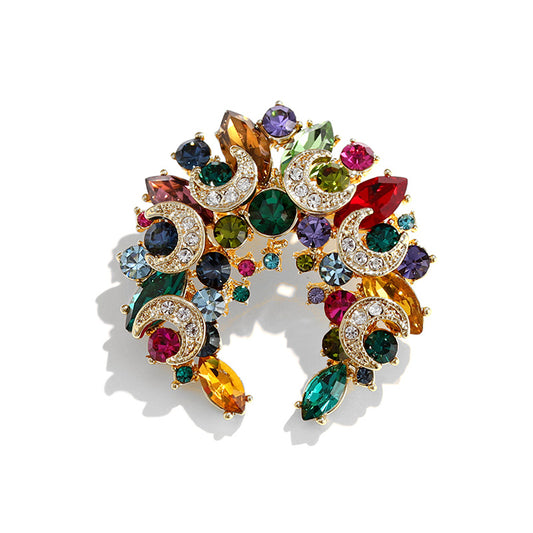 Vintage Pin Brooch Round Marquise Multi Colored Rhinestone Layered